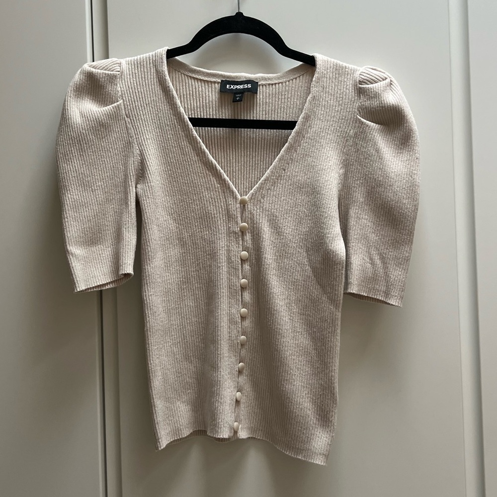 Express Balloon Sleeve Knit Short Sleeve Sweater with Button Down Front